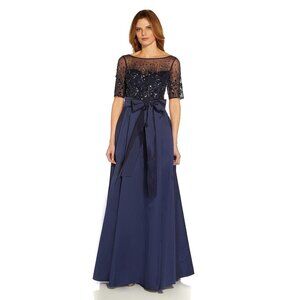 NWT Adrianna Papell Women's Beaded MESH and Taffeta Gown, Navy, 8